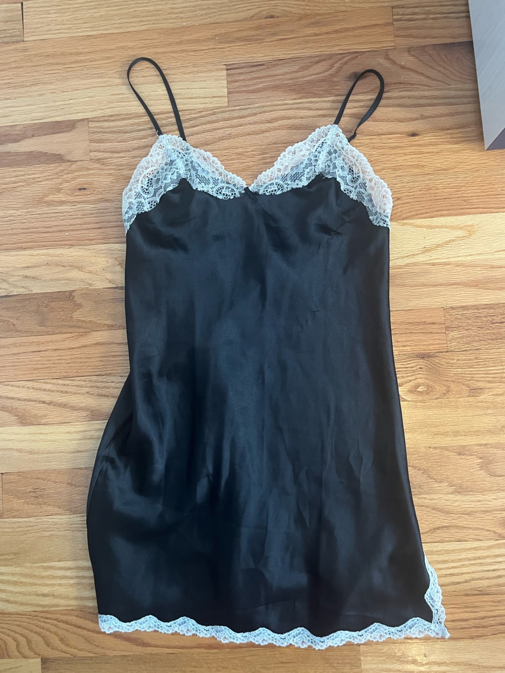 Victoria’s Secret Black Satin Lace-Trim Slip Dress with White Lace